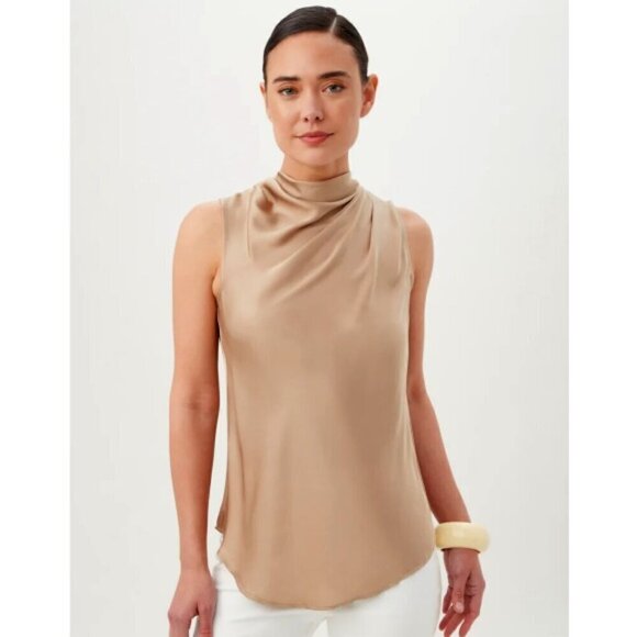 Trina Turk 'Lenaya' Funnel-Neck Sleeveless Silk-Blend Top, Gold - Picture 1 of 3